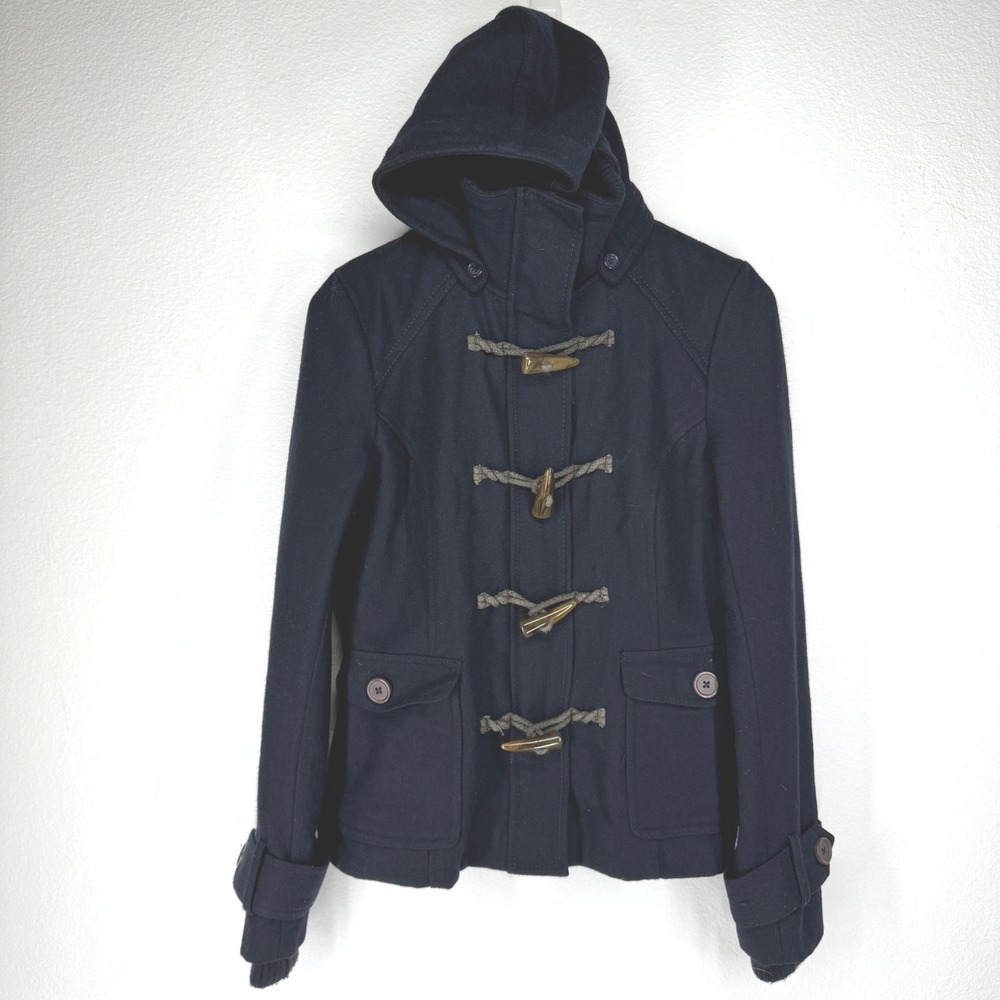 Vintage Navy Wool Hooded Toggle Duffle Coat Small Dark‎ Academia Nautical Preppy
